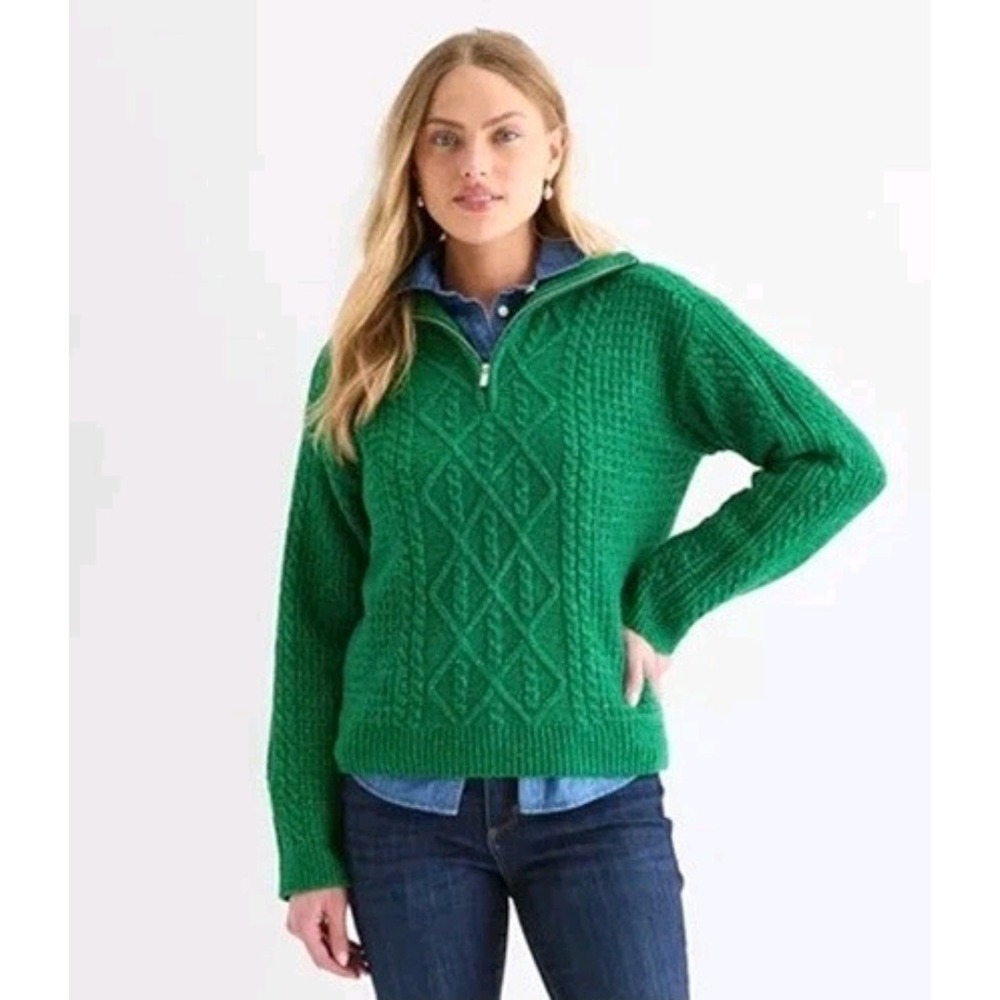St Johns Bay Sweater Green Heather Quarter-Zip Pullover Soft Cozy Cable Knit L